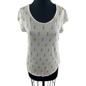 Soft Joie White Yellow Top Cotton Pineapple Print Crew Neck Cap Sleeve Size M?